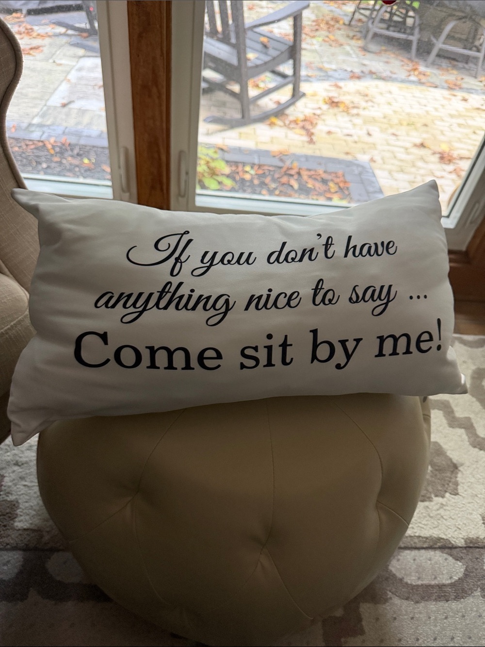 White Decorative Throw Pillow with Black Text